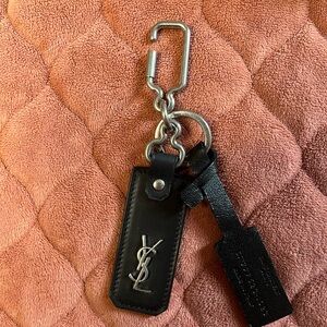 YSL Black Leather Keychain with Silver Hardware